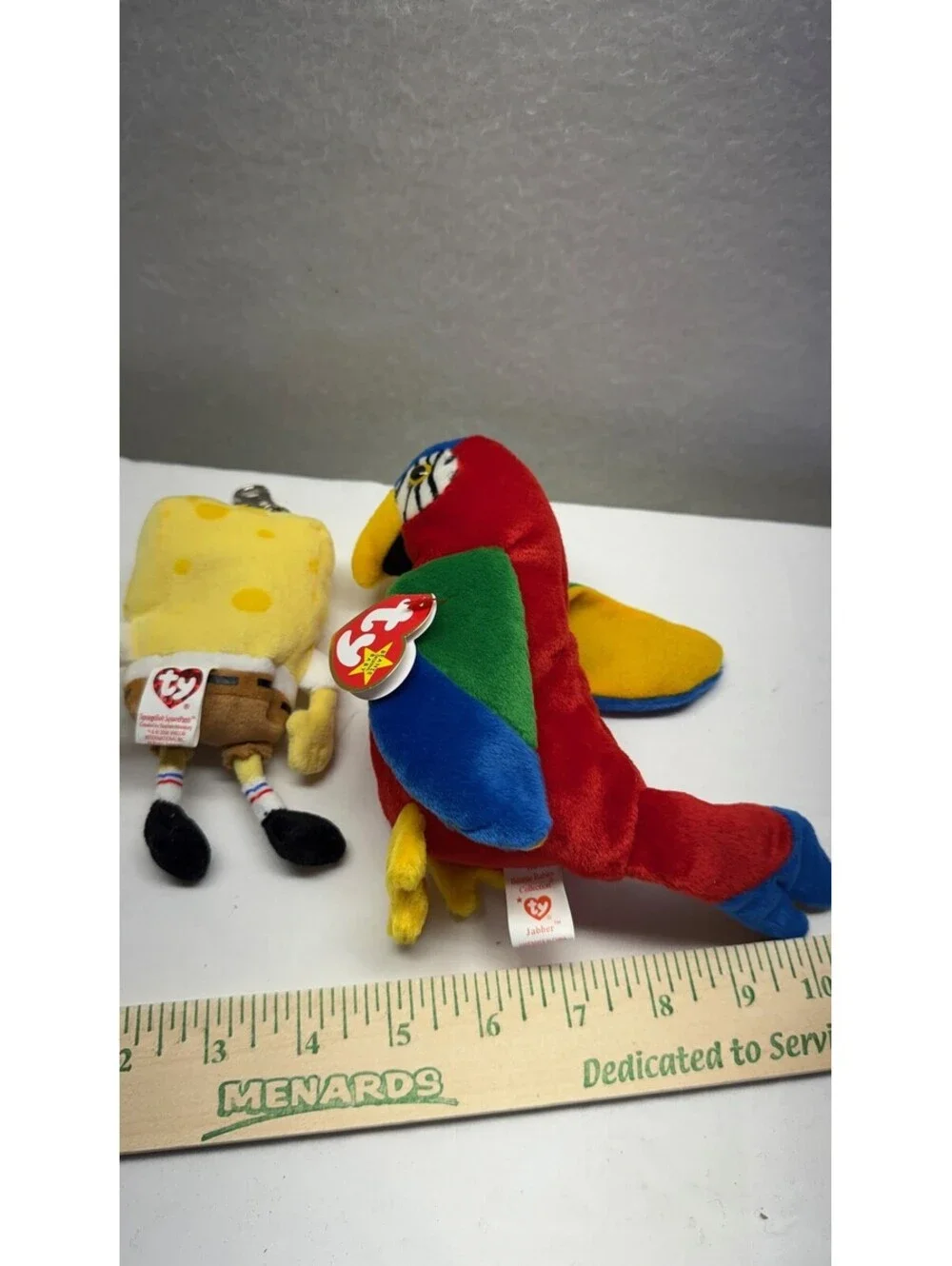 Lot of 2 Ty Beanie Babies: SpongeBob SquarePants & Jabber Parrot Plush Toys